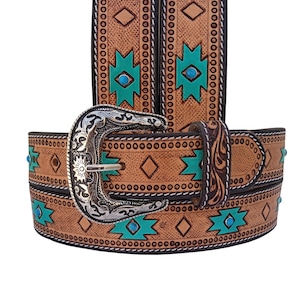 Personalized Genuine Leather Western Hand Tooled and Hand Painted Floral Belt  with Removable Buckle AF30IS018TN