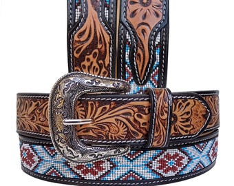 Ręcznie robiony pasek westernowy ze skóry tłoczonej: koralikowy wzór rodeo, odpinana klamra