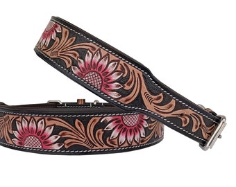 Personalized Western Dog Collar Hand Tooled Hand painted Sunflower Padded Genuine Leather AF10IS110