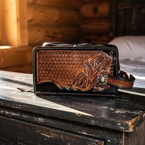Personalized Hand Tooled Leather Toiletry Bag: Amish Style Shaving Kit