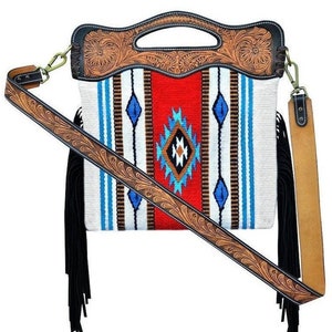 Personalized Saddle Blanket Western Style Bag Cowgirl Bag with Fringes,  Hand Tooled Strap and Handle Panels AF20AB007R