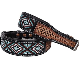 Personalized Western Dog Collar Beaded Hand Tooled Hand Crafted Padded Genuine Leather Floral AF10IS001