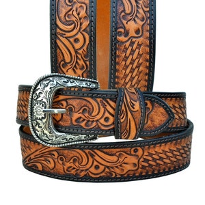 Ceinture western en cuir personnalisée : motif floral façonné à la main, boucle amovible