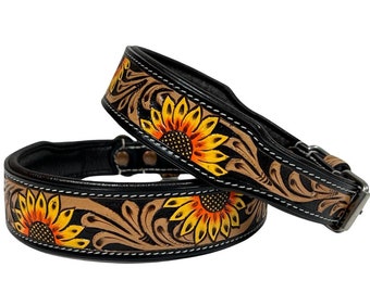 Personalized Western Dog Collar Hand Tooled Hand painted Padded Genuine Leather Sunflower AF10IS102
