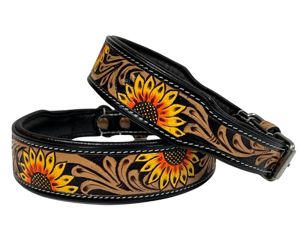 Personalized Western Dog Collar Hand Tooled Hand painted Padded Genuine Leather Sunflower AF10IS102