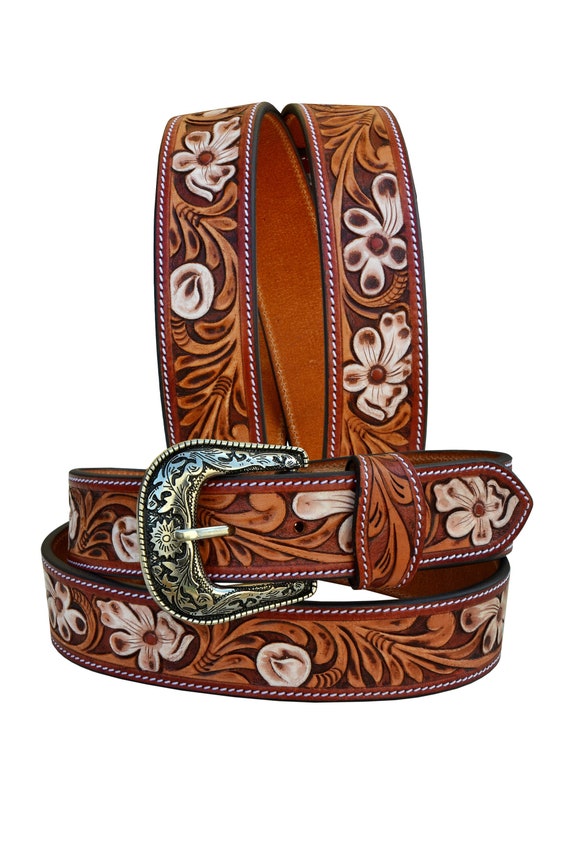 High quality leather belt unisex with floral design R.G. BULLCO - 1-1/2 main image 2