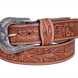 Personalized Handmade Tooled Leather Western Belt: Floral Design, Removable Buckle