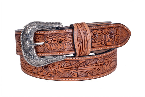 Personalized Handmade Tooled Leather Western Belt: Floral  display picture 3