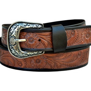 Ceinture western en cuir personnalisée : motif floral façonné à la main, boucle amovible