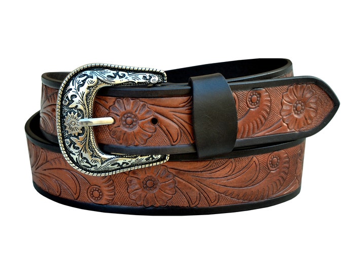 Personalized Genuine Leather Western Hand Tooled and Hand Painted Floral Belt  with Removable Buckle AF30AB109