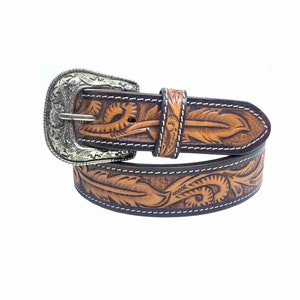 Personalized Genuine Leather Western Hand Tooled and Hand Painted Floral Belt  with Removable Buckle AF30AB001