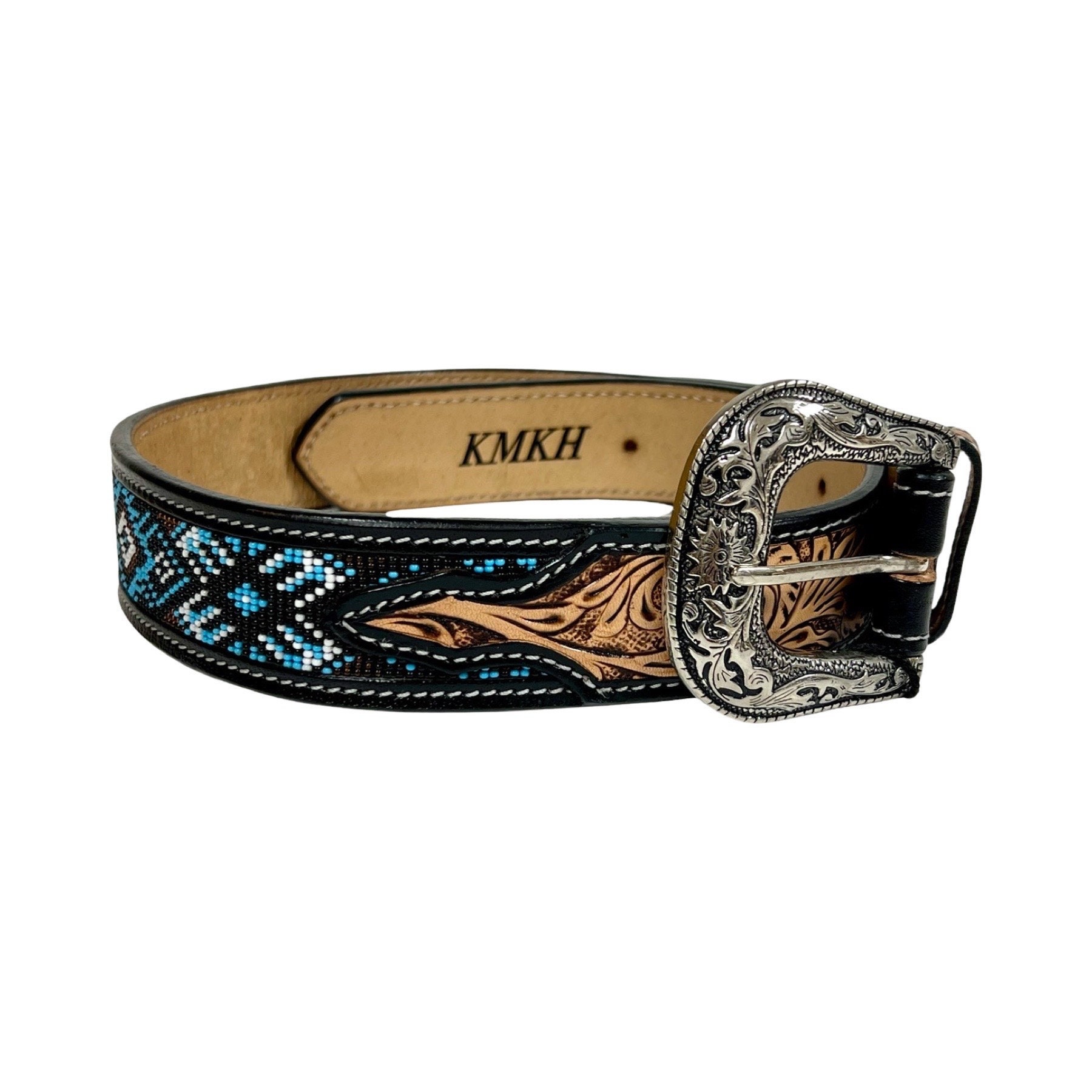 5332 Western Tooled Leather Beaded Belt For Men And Women Handmade Tooled Leather Western Belt: Beaded Rodeo Style  main image 2