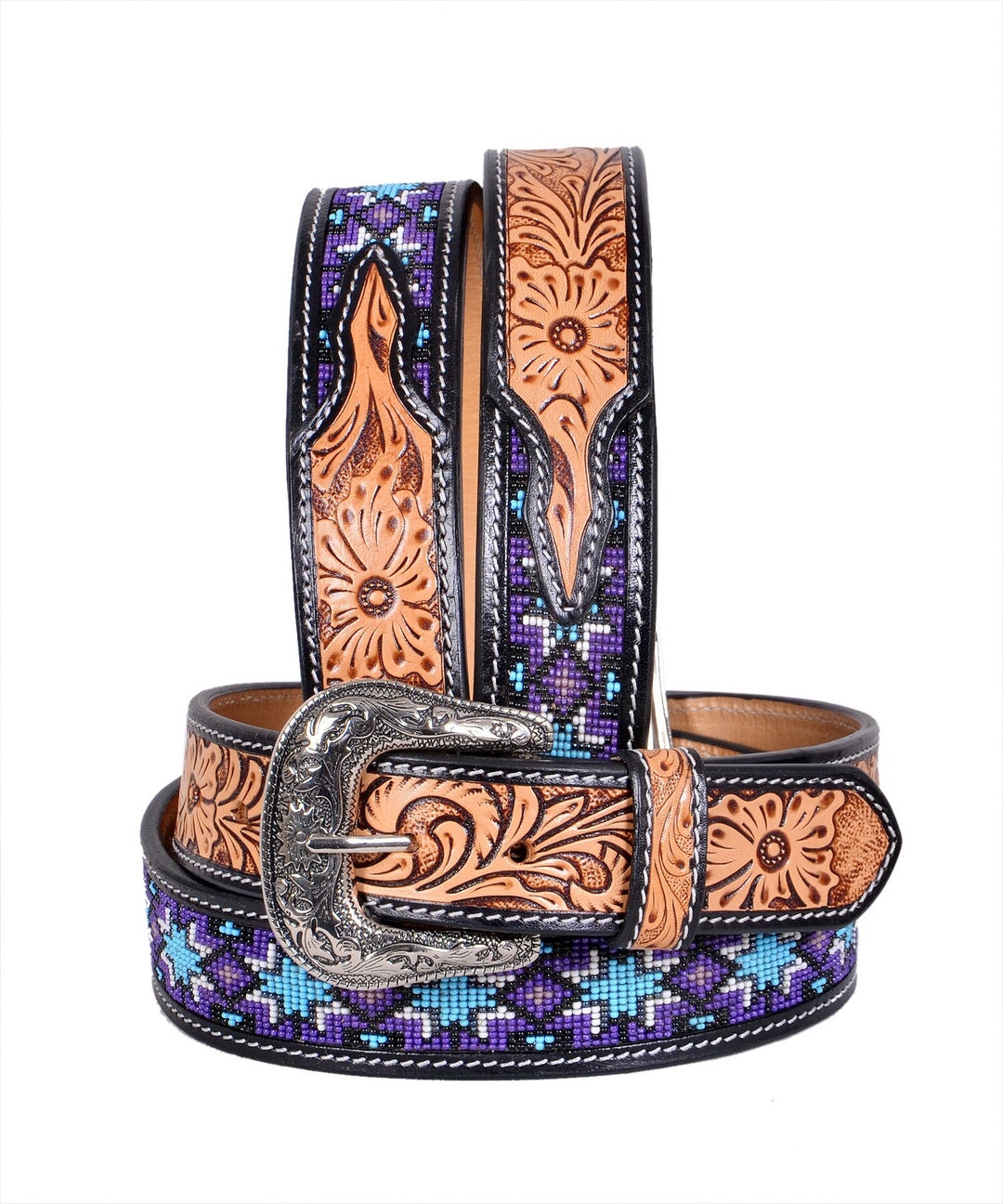 NWT Handmade Beaded Hand-tooled Leather Belt Genuine Leather unisex Hand Tooled, Beaded, Leather Belt - Etsy main image 3