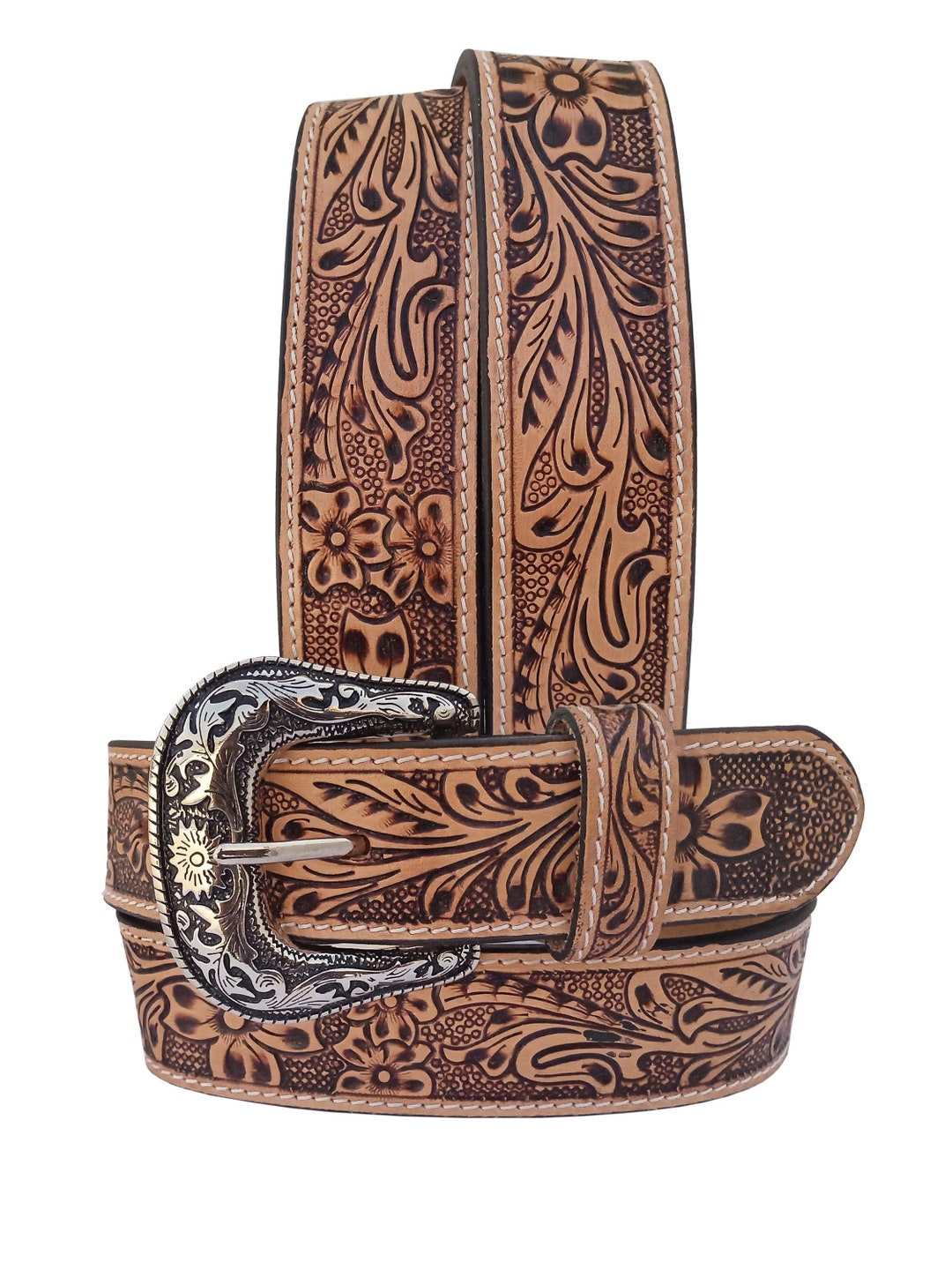 Hand Tooled Leather Western Belt: Floral Design, Removable  display picture 1