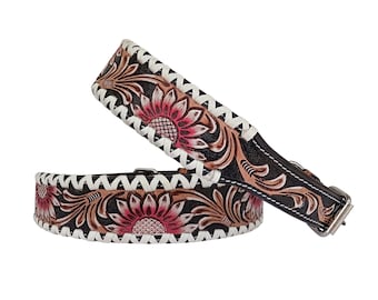 Personalized Western Dog Collar Hand Tooled Hand painted Sunflower Padded Genuine Leather AF10IS111