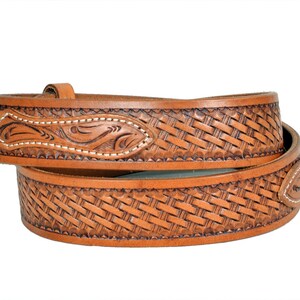 Men's Western Bison Leather Belt - Silver Engraved Rope Edge Ranger Style, Tan, Size 34