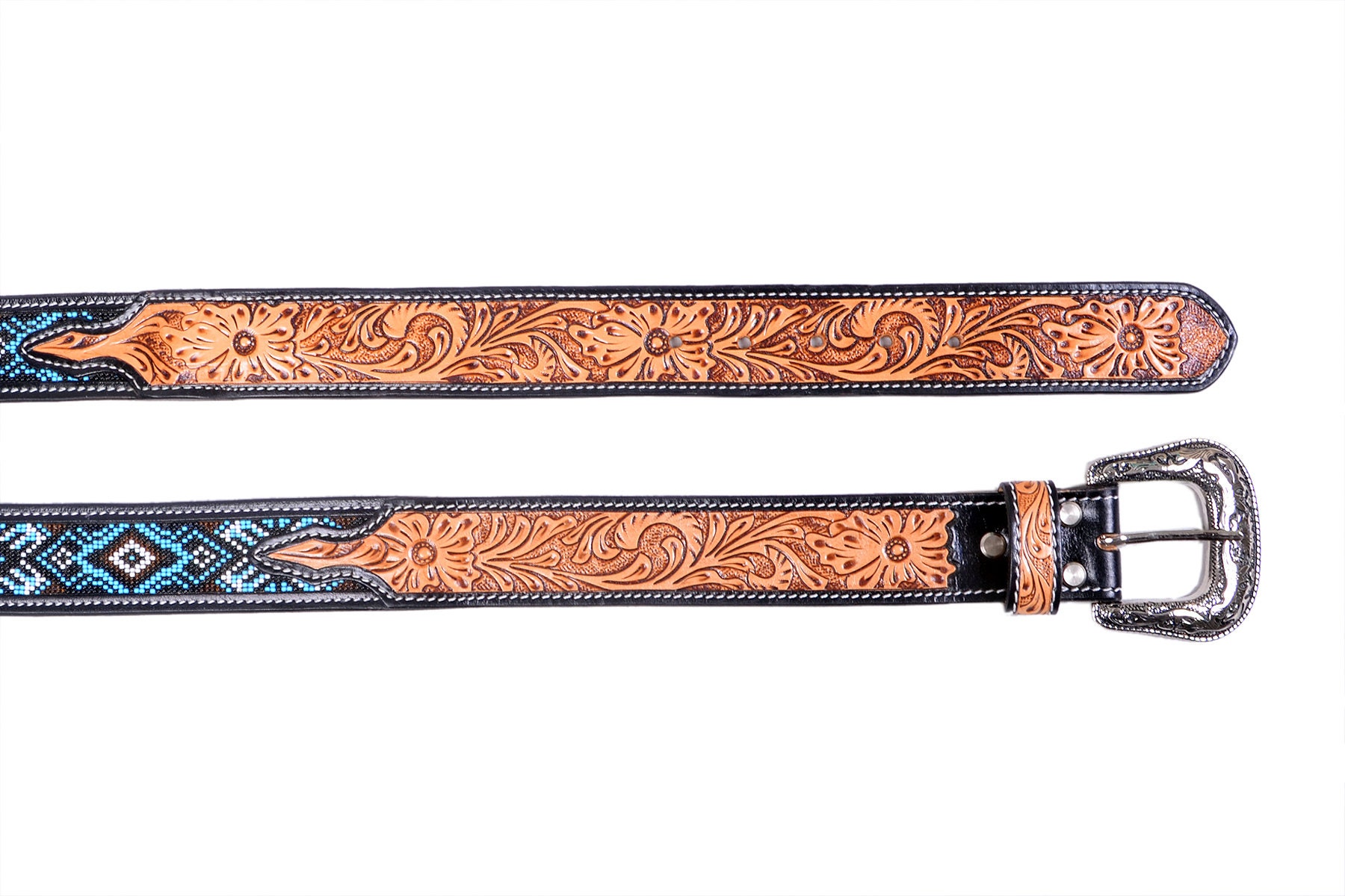 2995 Western Tooled Leather Beaded Belt For Men And Women Honey Hand-Tooled Leather Artesanal Tabs With Silver Studs  main image 3