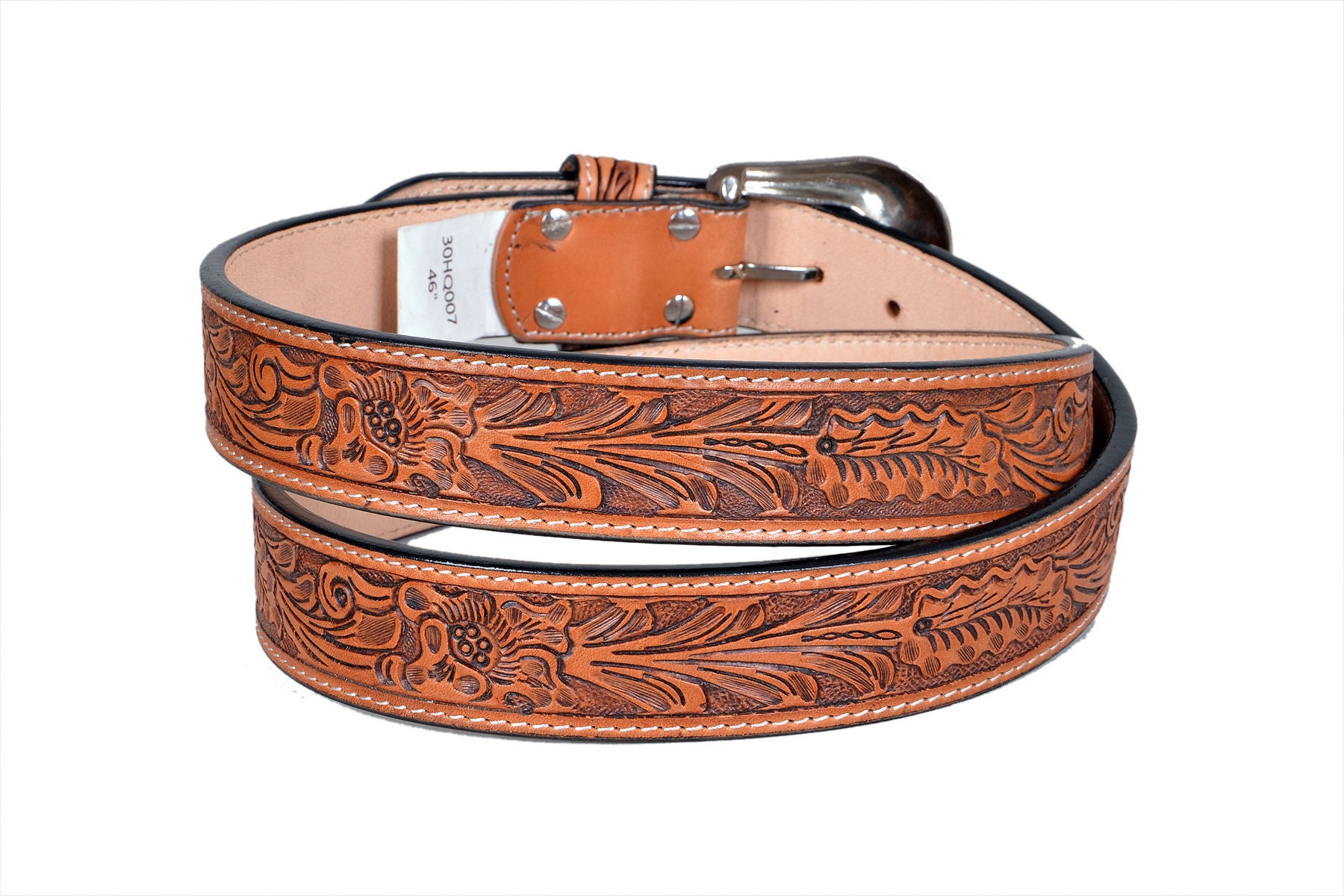 Personalized Handmade Tooled Leather Western Belt: Floral  display picture 1