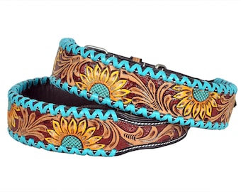 Personalized Western Dog Collar Hand Tooled Hand painted Padded Genuine Leather Sunflower AF10IS106