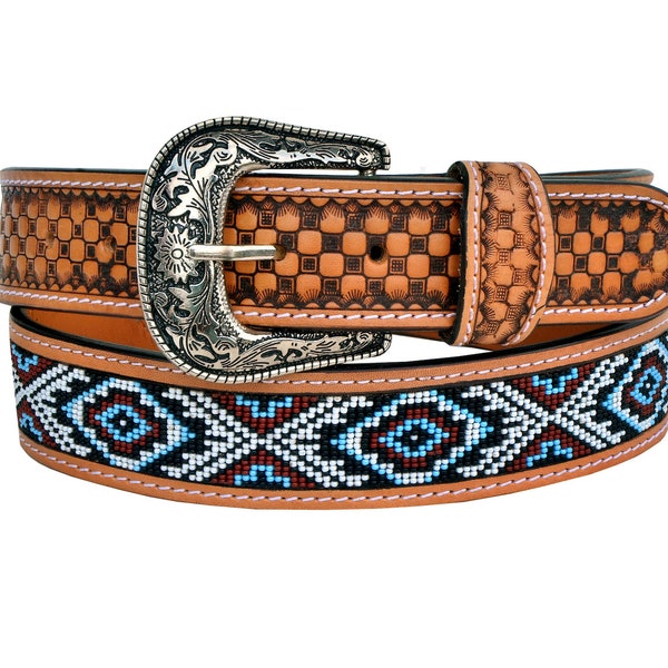 Personalized Handmade Western Rodeo Heavy Duty Beaded Full-Grain Leather Belt Unisex with Removable Buckle  AF30AB008