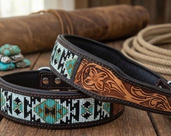 Spersonalizowana obroża dla psa w stylu western, ręcznie robiona, z koralikami, z prawdziwej skóry, z motywem kwiatowym, ręcznie robiona, AF10AB006