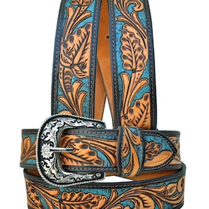 Personalized Genuine Leather Western Hand Tooled and Hand Painted Floral Belt  with Removable Buckle AF30AB104
