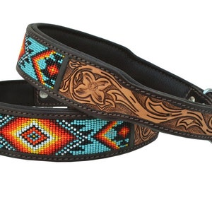 Personalized Western Beaded Dog Collar Hand Tooled and Handmade Padded Collar Genuine Leather AF10AB004