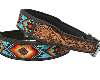 Personalized Western Beaded Dog Collar Hand Tooled and Handmade Padded Collar Genuine Leather AF10AB004