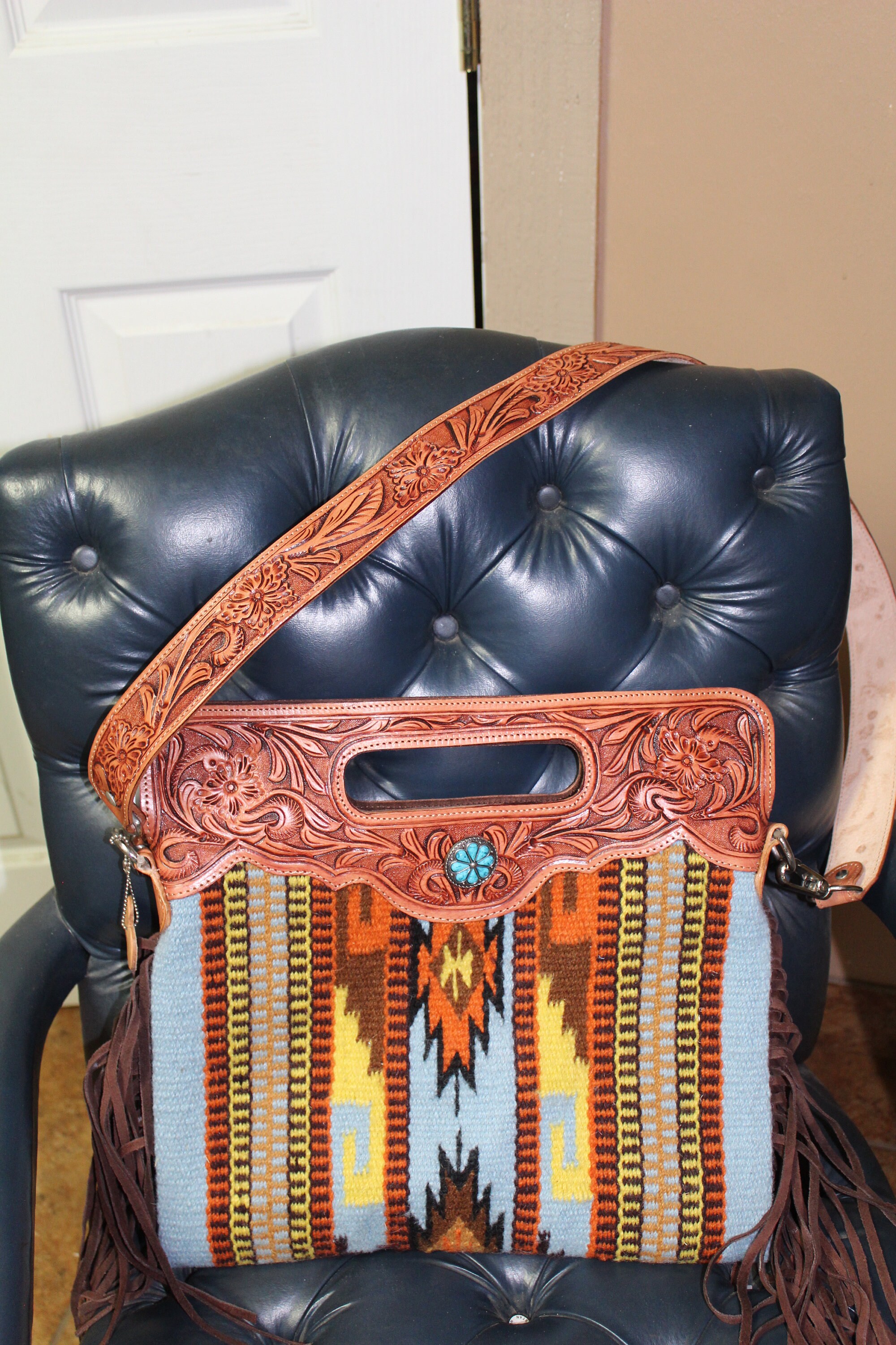 Saddle Blanket Shoulder Bag with Hand Tooled Strap and Hand Etsy