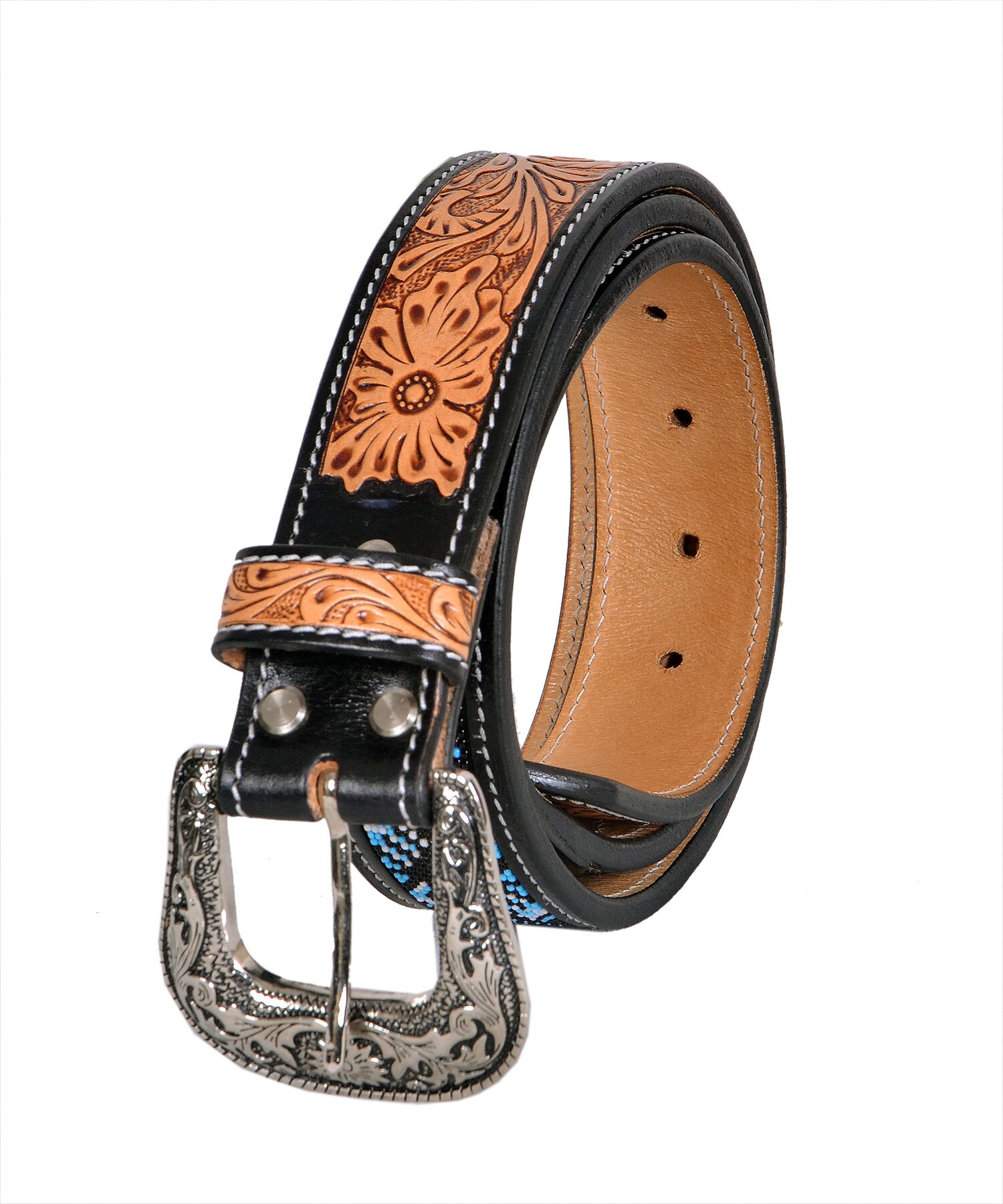 Handmade Tooled Leather Western Belt: Beaded Rodeo Style 