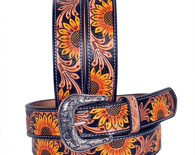 Personalized Genuine Leather Western Hand Tooled and Hand Painted Floral Belt  with Removable Buckle AF30IS004