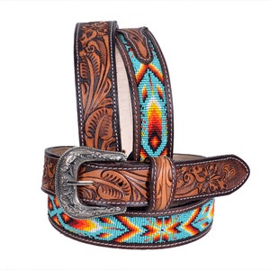 Personalizable Handmade Western Rodeo Heavy Duty Beaded Full-Grain Leather Belt Unisex with Removable Buckle  AF30HQ114