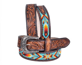 Personalizable Handmade Western Rodeo Heavy Duty Beaded Full-Grain Leather Belt Unisex with Removable Buckle  AF30HQ114