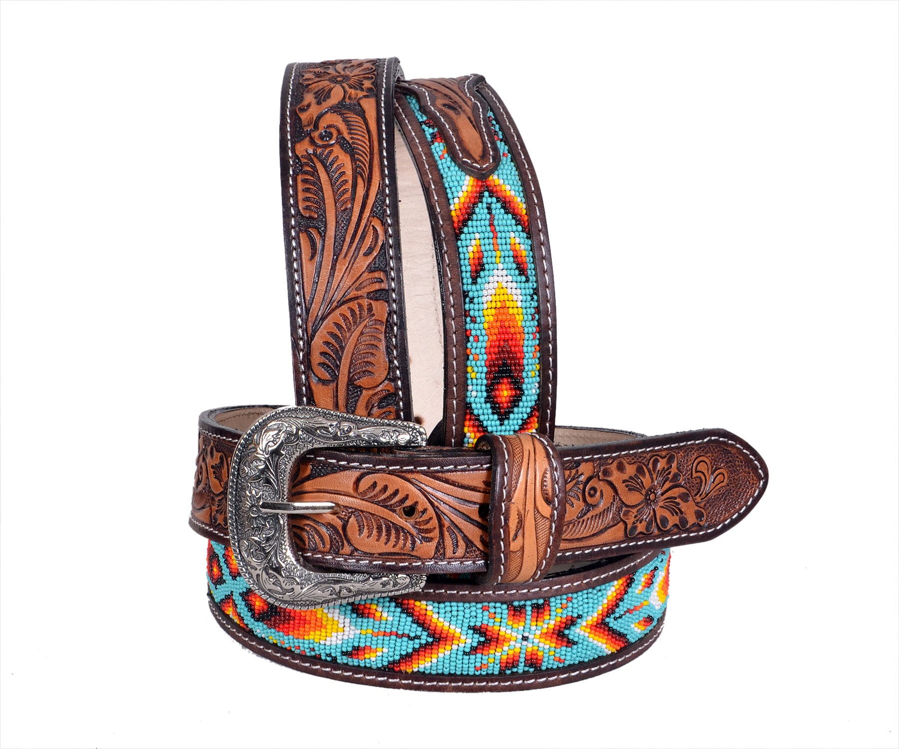 Ceinture Western En Cuir Véritable - Motif Blanc-rose Matelassé - Style Vintage Fait Main