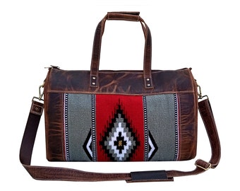 Personaliseerbare handgeweven western plunjezak van wol en leer AF20AB0022