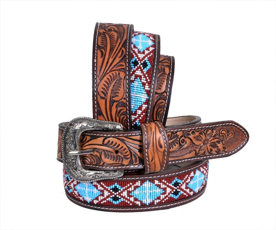 Personalizable Handmade Western Rodeo Heavy Duty Beaded Full-Grain Leather Belt Unisex with Removable Buckle AF30HQ101