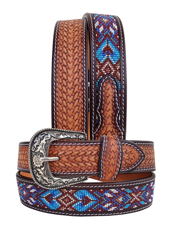 Handmade Beaded Leather Western Belt: Personalized Tooled  display picture 1