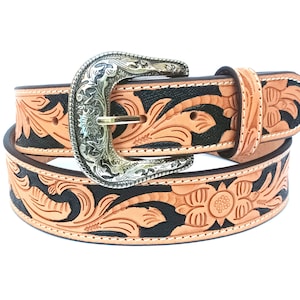 Personalized Hand Tooled Western Belt Genuine Leather Belt Floral Design Heavy Duty with Removable Buckle AF30WE007