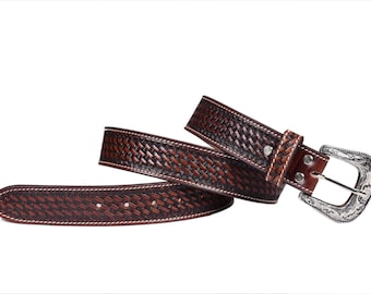 Ceinture western en cuir faite main personnalisée : tissage natté, boucle amovible