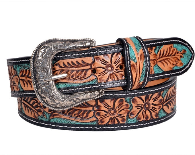 Personalized Genuine Leather Western Hand Tooled and Hand Painted Floral Belt  with Removable Buckle AF30HQ012