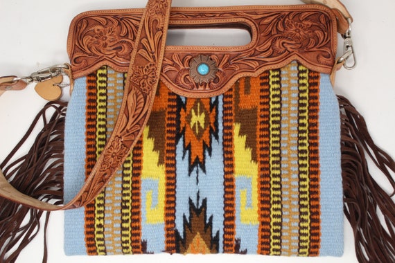 Saddle Blanket Shoulder Bag with Hand Tooled Strap and Hand tooled Handle AF103C06