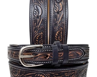 Personalized Leather Ranger Belt: Floral Hand Tooled Western Belt