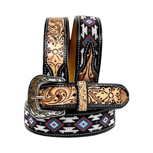 Handmade Western Beaded Leather Belt: Full-Grain Rodeo Style Personalized