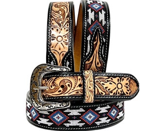 Handgefertigter Western-Perlenledergürtel: Vollnarbiger Rodeo-Stil