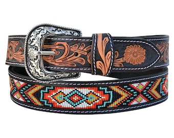 Handmade Beaded Full Grain Leather Belt: Western Aztec  display picture 1