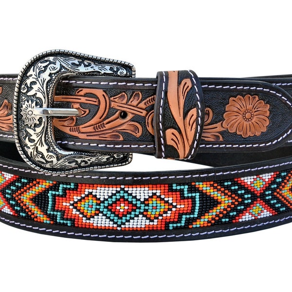 Personalized Handmade Western Rodeo Heavy Duty Beaded Full-Grain Leather Belt Unisex with Removable Buckle  AF30AB004