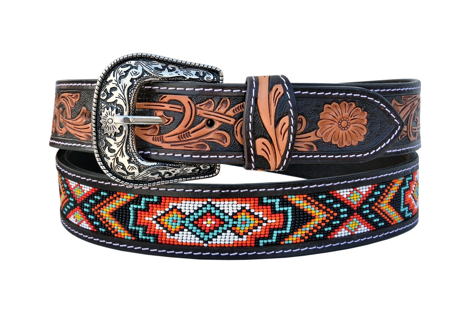 Personalized Handmade Western Rodeo Heavy Duty Beaded Full-Grain Leather Belt Unisex with Removable Buckle AF30AB004