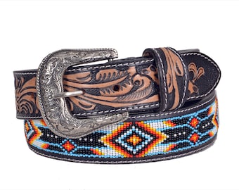 Western Leather Beaded Belt - Etsy display picture 1