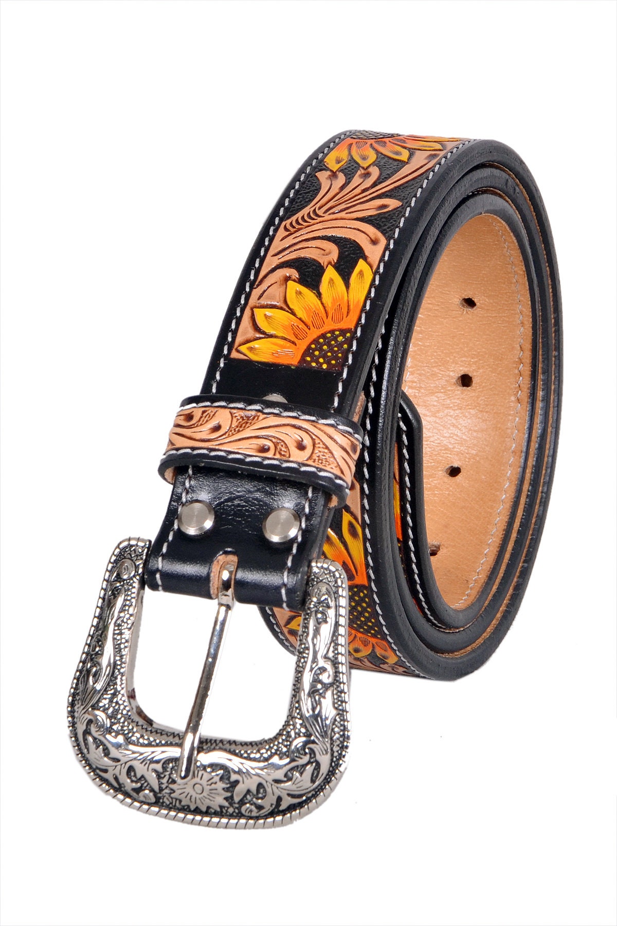 3648 Western Genuine Leather Tooled Belt With Hand Painted Flower Custom Hand Tooled Belt | Floral #2 main image 2