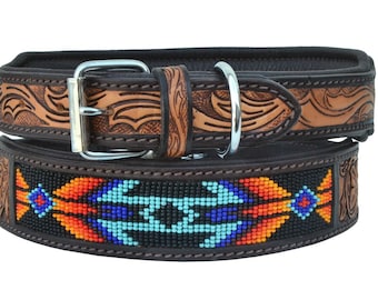May include: A brown leather dog collar with a silver buckle and a beaded design. The beads are in shades of orange, blue, turquoise, and black.